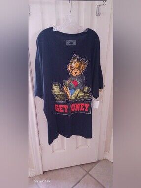 Ring of Fire Black Tee with Crowned Teddy and Red "GET MONEY" Print